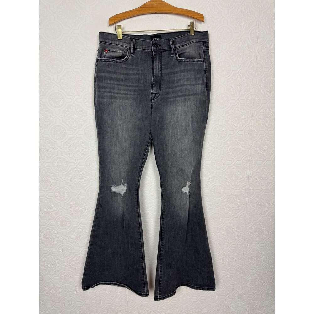 Hudson Heidi High Rise Flare Jeans Washed Black Distressed Bell Bottom Size 32
